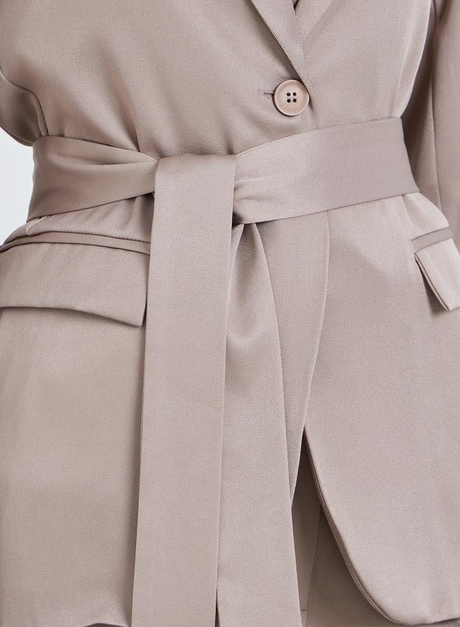 Styli Women Beige Regular Fit Belted Blazer - Image 3